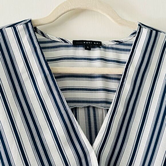 Stitch Fix West Kei tab 3/4 Sleeve High Low Blue & White Striped Blouse Size L - Picture 3 of 8